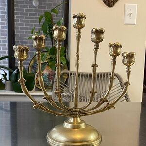 Vintage Solid Brass Tulip Folding Menorah – Mid-Century Seven-Arm Temple Menorah